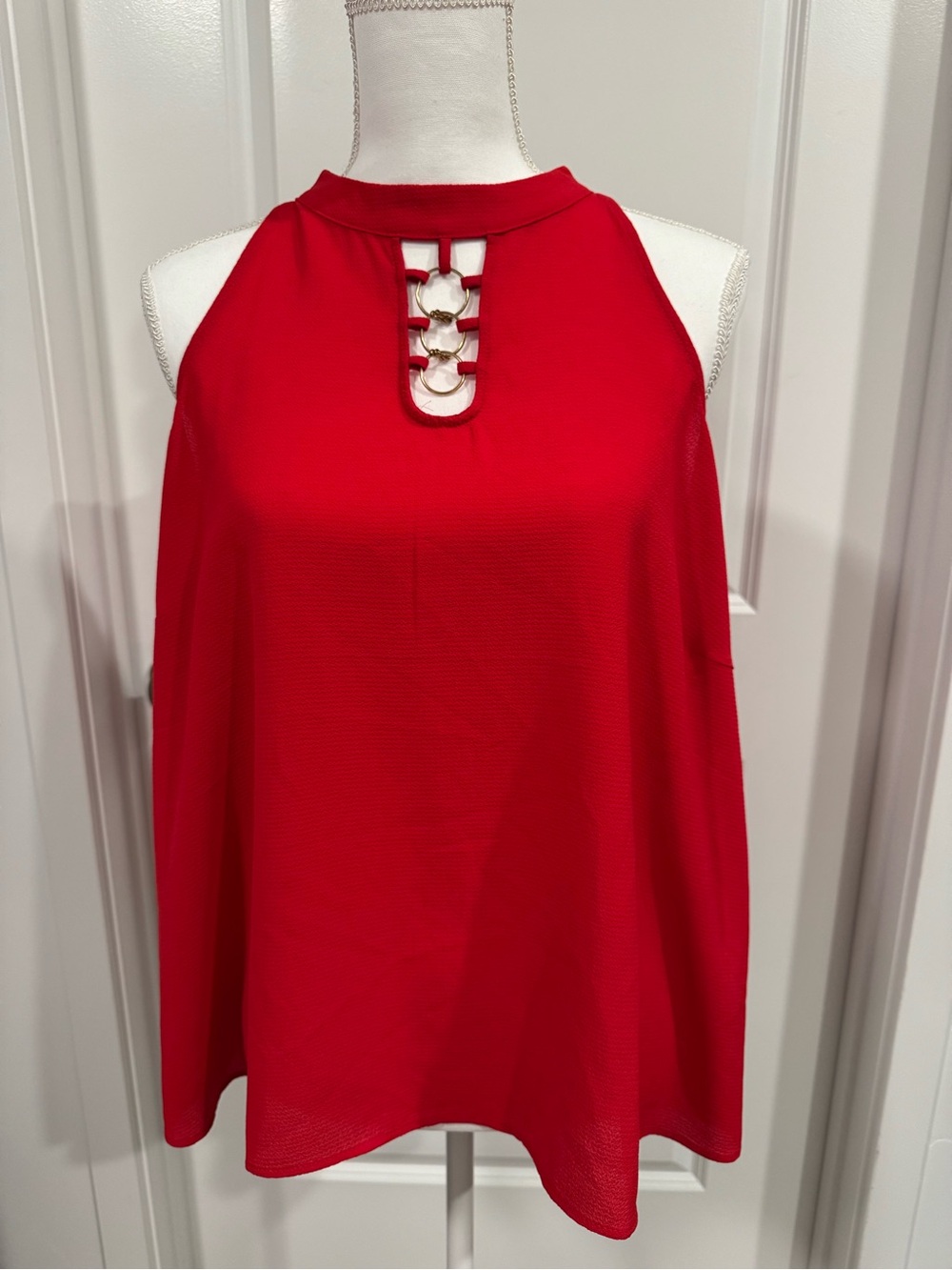 Misia Red Halter Tank Top with Gold Ring Accents